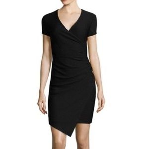 Bisou Bisou black cocktail v neck cap sleeve faux rap asymmetrical dress
